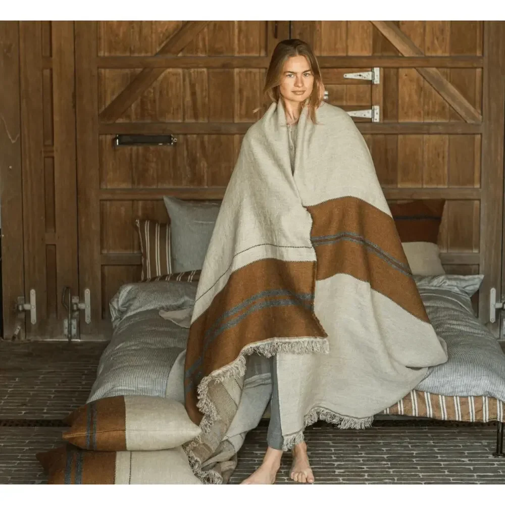 Libeco The Highland Stripe Coverlet & count of 3 Foundry Beeswax Stripe sham